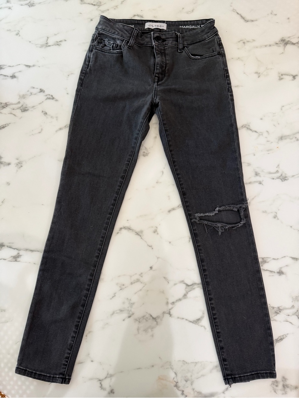 DL1961 MARGAUX Instasculpt Ankle Black Distressed Skinny Jeans, size 25